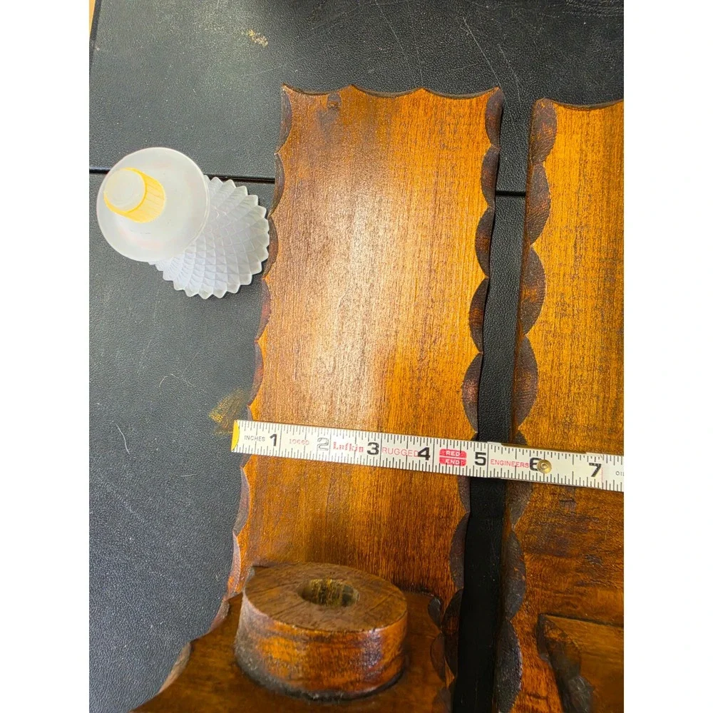 Vintage MCM Wood Wall Sconce Pair Scalloped Edge Frosted Diamond Votive Holders